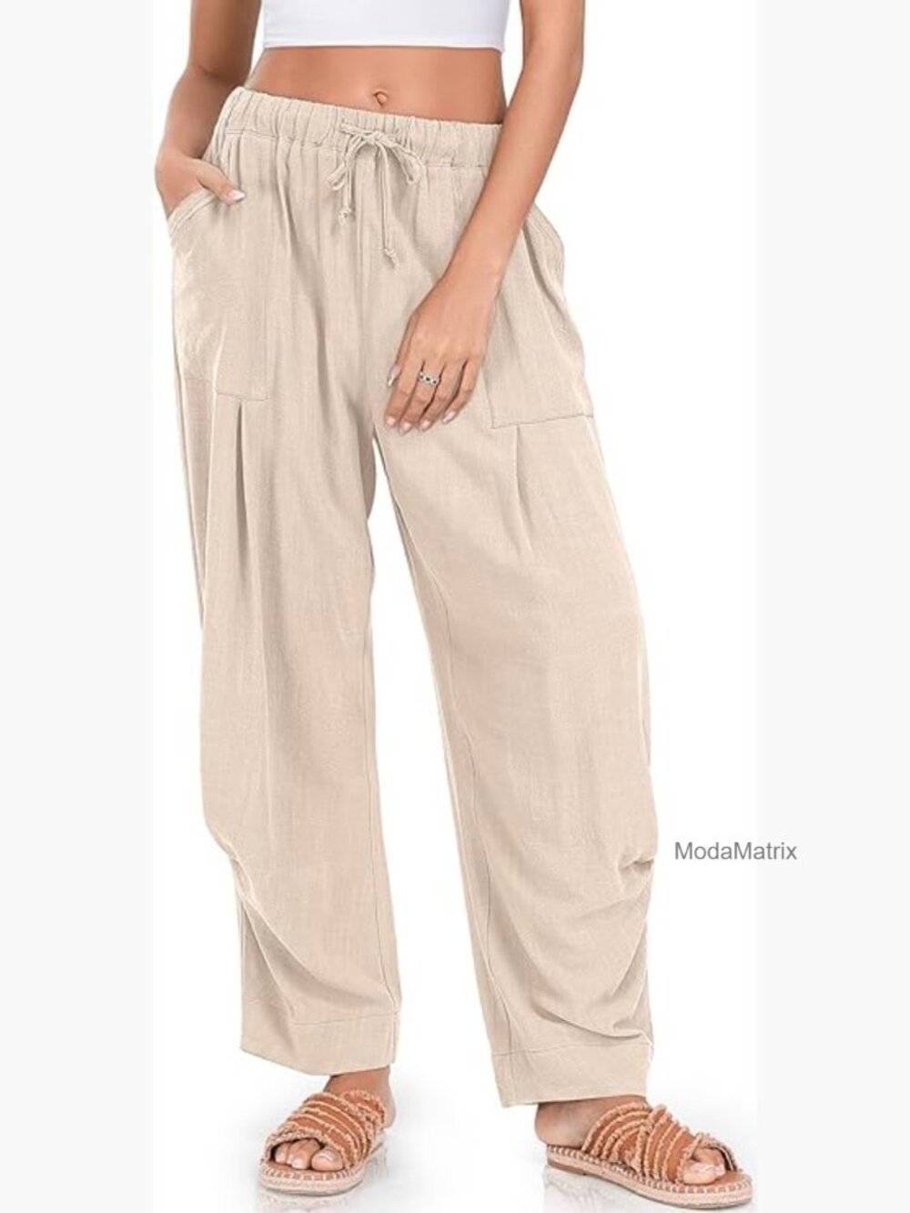 Womens Linen Baggy Harem Pants Summer Drawstring Casual Lounge Pants with